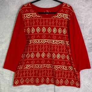 Coral Bay Top women's sz  1X Red Gold  boho artsy casual fall winter holiday